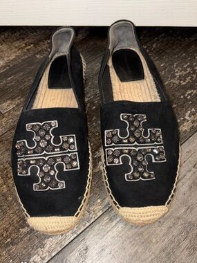 Tory Burch Black Suede Espadrilles with Crystal Logo